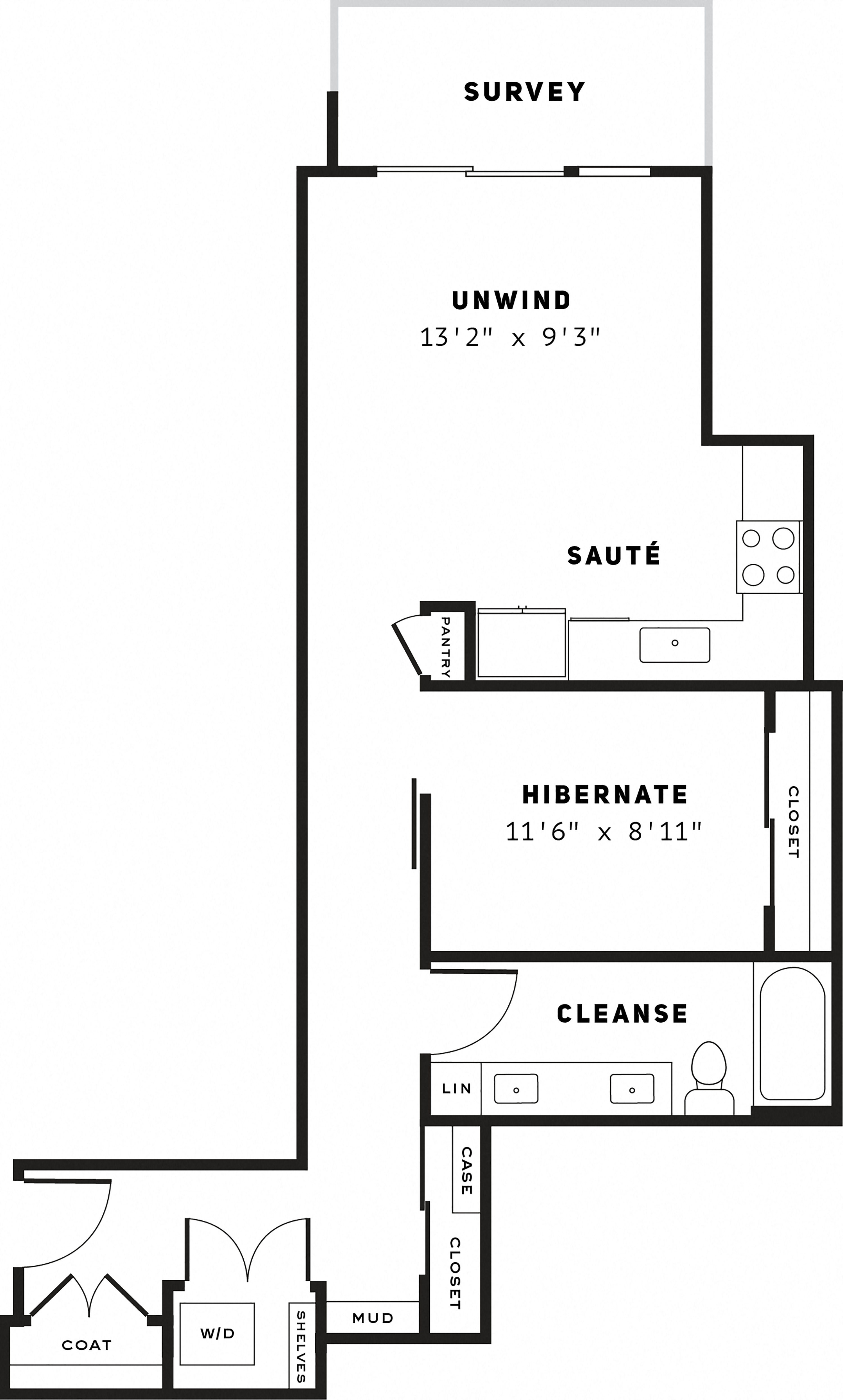 Floor plan for 1 bed, 1 bath, 726 sqft